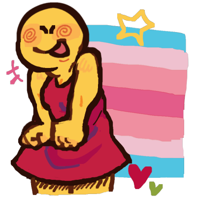 a beaming emoji yellow person in a pink dress in front of the transfeminine flag. there are sparkle symbols around them to show their happiness. they are fat